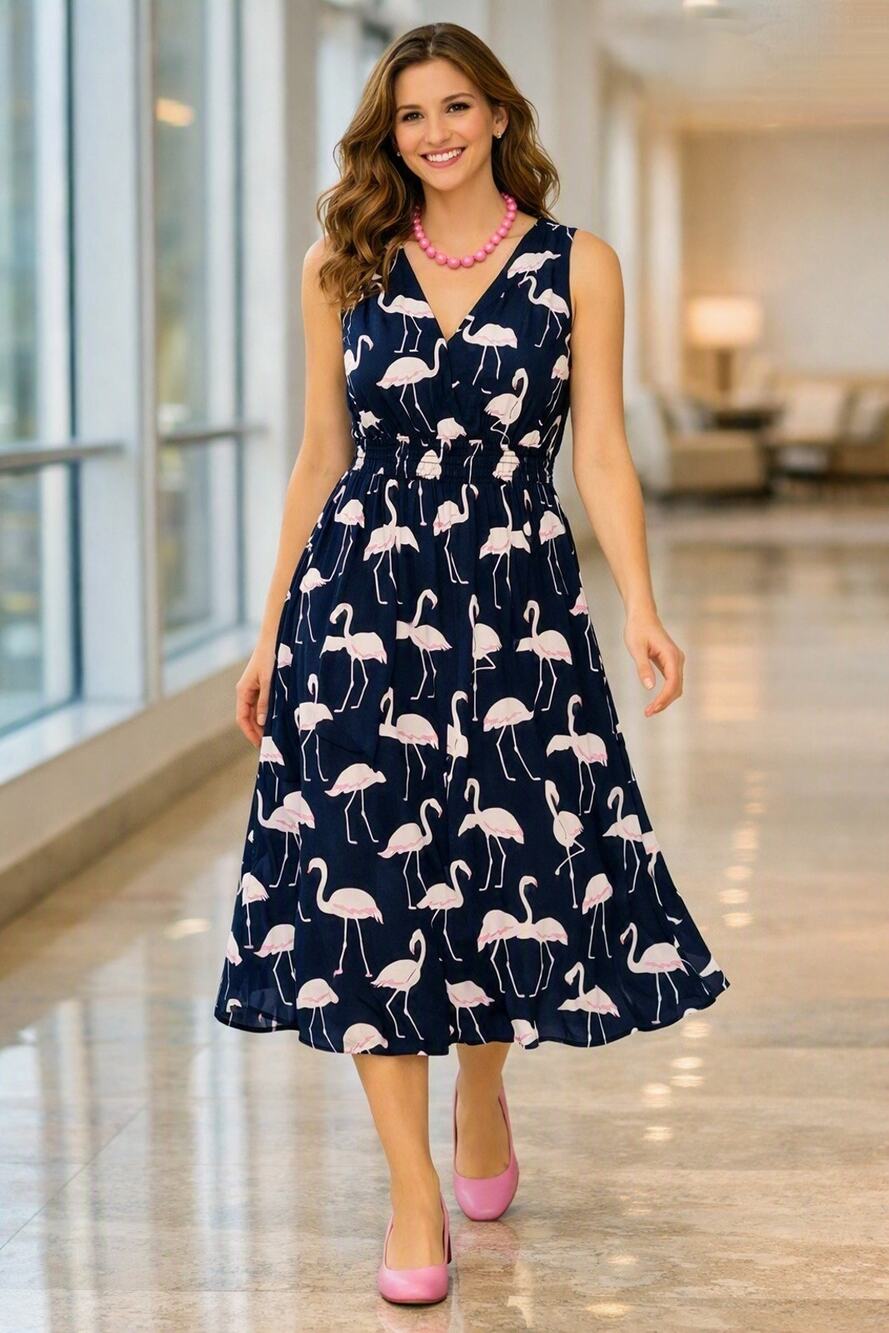 Free Assembly Women's V-Neck Fun Flamingo Darkest Navy Midi Dress Size XL NWT